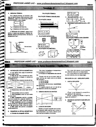 -.........
.........
..........
.....-
...
.......
~
•
••
•
•••
••~
4. MAQUINA T~RMICA
Se a m6quina tdrmica, ao funcionar, obe-
dece ao ciclo de Carnot (duas isotermas e duas
ediabfticas), entlo ele 41 denominada MÁOUI·
NA DE CARNOT, e vale a relaçio:
t~=1
-+a ITF -+temperatura de fonte fria.
Ta-+ temperatura de.fonte quente.
A MAQUINA DE CARNOT, apesar de ser
1116rica, 41 aquela que apresanta o miximo ran·
._...., po•wel entra duasfontes tdrmicas de
temperaturas fixas".
p
Ciclo de Cernot
1. INTRODUÇÃO lOPTICAGEOM~TRICA
a) Luz: agente Hsico capaz de sensibilizar
no~s órgios visuais.
b) Ralo de luz: linha orientada que repre-
senta, graficamente, a diraçio e o sentido de
propagação da luz.
c) Feixe de luz: conjunto de raios de luz.
~-..... :=:>r-·--
cllileivent• convergente cillndrico
di Fonte de luz: todo c_orpo capaz de emi-
tir luz.
e fonte prim6ria: emite luz própria.
• fonte sacundêria: emite luz que recebe
de outro corpo.
e) Meio. transperente: permite e propaga·
çio de luz atrav41s de si, segundo trajetórias re-
gulares, permitindo a visfo n(tide dos objetos.
f) Melo trenshlcido: permite a propagação
da luz atravá de si, segurido trajetórias irreguia:
res, nlo permitiOdo a visio nftide dos objetos.
g) Melo opaco: nio permite a propagação
de luz mav41s de si.
2. PRINCJlalOS DA OPTICA GEOM~TRICA
a) Principio de PfOPIIIIIçfo retiffnea
DILATAÇÃO TéRMICA
DILATAÇÃO TéRMICA DOS SOLIDOS
1. DILATAÇÃO LINEAR
2.
3.
- - - - - - L2 - - - -
L).L=L1 .a.L).9
L2 =L1 (1 +al).9)
DILATAÇÃO SlJ>ERFICIAL
~
-'· Is
M=St {JM
8z =S, (1 +/JMI
DILATAÇÃO VOLUMéTRICA
L§)9I
'
9,
"Nos maios homogt1naos e transparentes a
luz se propaga em linha reta".
b) Princípio da independfncia dos raios de
luz
"Quando raios de luz se cruzam, cada um
_deles continua seu trajeto como se os demais
nio existissem".
c) Leis de reflexio
d) Leis da refraçfo
Decorrência dos· princ(pios: reversibilidade
dos ralos de luz.
"A trajetórla descrita por um raio de luz
nio depende do sentido de propagação".
3. CÃMARA ESCURA DE ORIFfCIO
d
j-d·-1
4. A COR DE UM CORPO
B'
Quando um corpo iluminado com luz bran- .
ca se ipresenti verde, significa que o corpo re-
flete difusamente a luz verde e absorve as de-
mais luzes que compõe'r'_a luz branca.
59
- - -
- -
L).V=V,TM
V2 =V1 (1 +7L).8)
4. , RELAÇÃO ENTRE a , {J e 'Y.
.,. _g_ =L=_-L 1- ou {/J= 2a
. 1 2 3 . 'Y=3a
~ :~-~ADEL•~I
8., '9
L2 = L1 (1 +al).9)
tg.,o= L1 • a
DILATAÇÃO TéRMICA DOS LbUIDOS
[f[JR· 9 · ~ Voluml
1(/12 >6,)2 extr-.do
L). Vreal.= L). Vaparente+ L). Vfrasco
V2 ,=Vtr(1 +7,MI
V2e=V11
(1 +71
L).I1)
Tr='Ya +Tf
Se o corpo não absorver luz de nenhuma
cor, refletindo todas, ele I! um corpo branco.
Se o corpo absorver as luzes de todas as co-
res nele incidentes, ele é um corpo fl&gro.
REFLEXAO DA LUZ - ESPELHOS PLANOS
1. LEIS DA REFLEXÃO
R R'
I
I
1~ Lei: "o raio incidente R, a normal ·N e o
raio refletido R' sio copianares.
2~ Lei: "o ângulo de reflexão r I! igual ao
ângulo de incidllncia i".
'i
 