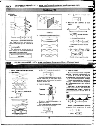 5.2. Difraçio
Fenda única
. ~-~---•----;:
~,,________.,
---r--~~-:> ::-~-~-'.......... ~ ....
P,
P,
v
Neste caso temos:jvn = ~ (n + ;) . Ã/2 1
Nota:Ouando a difração é em fenda única
a faixa (franjai central bem iluminada tem lar·
gura aproximadamente igual ao dobro das de-
·mais.
6. POLARIZAÇÃO
t o fenômeno que consiste de todos os
pontos atingidos por uma onda vibrarem numa
mesma dlreçio e num mesmo plano.
Apenas as ondas transversais podem ser
polarizadas.
3. ONDAS ESTACIONARIAS NOS TUBOS
3.1. Tubos Abertos
~------L------~
n = 1: som fundamental (1~ harm6nlco)
XXn =2: 2'! harm6nico
XXXn =3: 3'l hlnri6nico
L = n . L ,onde n é o número de nós.
2
lf=n V I2L ·
3.2. Tubos Fechados
~---------L--------
XX:2n =3: 54harmónico
ACÚSTICA
1. ONDAS ESTACIONARIAS NA CORDA
I . L
W~i'~
··· · n =3: 3q harm6nk:o ·
1
L= (2n- 1) .l.., onde n t! o número de nós.
4
If=(2n-1) -k-1
Os tubos fechados só apresentam os harmô-
nicos de ordem (mpar, ao passo que os abertos
apresentam todos os harmônicos (os de ordem
(mpar e os de ordem par).
4. TUBO DE OUINCKE
_-c:·
1~ ressondncia
2~ ressondncia
O tubo tem uma extremidade aberta e ou-
tra fechada por I(quido.
Entre duas ressonâncias sucessivas, o deslo-
camento da superHcie l(quida deve ser
lilx=+l
68
L = n . ; , onde n é o número de ventres.
If=n+l
2. EQUAÇÃO DE LAGRANGE E HELM-
HOLTZ
v
--...!.o í F
1---------=--------f-
IV=F.l (Equação de Taylor)
p =densidade linear da corda
p = T =J,! 1T t L =O}=ll 1C R21
ll = densidade volumétrica.da corda
R= raio
f=-" V=-" /F;,_n LI_
.2L 2L .jp~ 2L .j;-;A2·
lf=-" II I2 R L.../ ~o~ "ir - •
(Equação de Lagrange e Helmholtz)
5. TUBO DE KUNDT
t um dispositivo por meio do qual pode-se
determinar a velocidade de propagaçãodo som._
Consiste de um tubo de vi(lro dotado de
um êmbolo móvel. Dentro desse tubo existe ar
e pó de cortiça homogeneamente esPalhado.
Fazendo-se um diapasão de freqilfncia f vi-
brar junto à embocadura do tubo, movimenta-
-se o imbolo até' encontrar-se uma posição de
ressondncia.
Neste caso, o pcS de cortiça agita-se, aglo-
merando-se em mont(culos bem diferenciados
e equiespaçados que indicam a posição dos
nós da onda estacionária formada ·dentro do
tubo.
Mede-se a distáncia dentre dois monticulos
consecutivos (meio comprimento de onda).
d=~ .. Ã=2d
2 .
.. v= Àf -Iv=2d .f 1
 