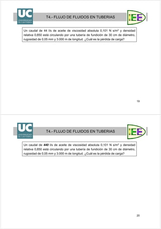 19
T4.- FLUJO DE FLUIDOS EN TUBERIAS
Un caudal de 44 l/s de aceite de viscosidad absoluta 0,101 N s/m2 y densidad
relativa 0,850 está circulando por una tubería de fundición de 30 cm de diámetro,
rugosidad de 0,05 mm y 3.000 m de longitud. ¿Cuál es la pérdida de carga?
20
T4.- FLUJO DE FLUIDOS EN TUBERIAS
Un caudal de 440 l/s de aceite de viscosidad absoluta 0,101 N s/m2 y densidad
relativa 0,850 está circulando por una tubería de fundición de 30 cm de diámetro,
rugosidad de 0,05 mm y 3.000 m de longitud. ¿Cuál es la pérdida de carga?
 