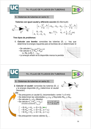 29
Tuberías con igual caudal y diferente sección (Ec Bernoulli)
2211 VAVA ⋅=⋅
21 QQ =
1. Calcular una bomba: conocidas las tuberías (D, ε) hay que
determinar la energía requerida para el bombeo de un determinado Q
• Se calculan Lequ_tubA y Lequ_tubB
• Se calcula HL (= HLA + HLB)
(v, Re, [ε/D], f, …)A B
• La energía añadir es la disponible menos la perdida
Tres tipos de problemas:
T4.- FLUJO DE FLUIDOS EN TUBERIAS
5.- Sistemas de tuberías en serie (I)
)m(
g2
v
D
L
fH
2
L
⋅
⋅⋅=
ν
⋅
= cLV
Re
⎟
⎟
⎠
⎞
⎜
⎜
⎝
⎛
γ
+
⋅
+=−−+
⎟
⎟
⎠
⎞
⎜
⎜
⎝
⎛
γ
+
⋅
+ 2
2
2
2perextaña
1
2
1
1
p
g2
V
zHHH
p
g2
V
z
30
2. Calcular el caudal: conocidas las tuberías (D, ε)
y la energía disponible (HLD) determinar el caudal
(iteración)
T4.- FLUJO DE FLUIDOS EN TUBERIAS
5.- Sistemas de tuberías en serie (II)
• Se presupone un caudal Q1 (recomendado v entre 1 a 3 m/s)
• Se determinan las velocidades vA y vB; y Reynolds ReA1 y ReB1
• Se calculan fA1 y fB2 (Moddy)
• Se calcula HL1 (=HLA1 + HLB1)
(incluidos accesorios, Leq_tub)
• Si HLD = HL1 ⇒ Q = Q1 (◄═)
• Si HLD > HL1 ⇒ Q > Q1 , (v > v1)
• Si HLD < HL1 ⇒ Q < Q1 , (v < v1)
• Se presuponen nuevos valores Q2 …
(2a)
ε/D
)m(
g2
v
D
L
fH
2
L
⋅
⋅⋅=
 
