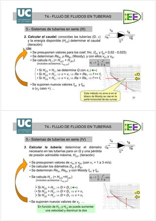 31
T4.- FLUJO DE FLUIDOS EN TUBERIAS
5.- Sistemas de tuberías en serie (III)
• Se presuponen valores para los coef. fric. (fA1 y fB1= 0,02 - 0,025)
• Se determinan ReA1 y ReB1 (Moody), y con ellos vA1 y vB1
• Se calcula HL1 (= HLA1 + HLB1)
(incluidos accesorios, Leq_tub)
• Si HLD = HL1 se determina Q con v1 (◄═)
• Si HLD > HL1 ⇒ v > v1 ⇒ Re > Re1 ⇒ f =< f1
• Si HLD < HL1 ⇒ v < v1 ⇒ Re < Re1 ⇒ f >= f1
• Se suponen nuevos valores fA2 y fB2
o (v2 caso =) …
Este método no sirve si en el
ábaco de Moody se cae en la
parte horizontal de las curvas
(2b)
ε/D
)m(
g2
v
D
L
fH
2
L
⋅
⋅⋅=
2. Calcular el caudal: conocidas las tuberías (D, ε)
y la energía disponible (HLD) determinar el caudal
(iteración)
32
3. Calcular la tubería: determinar el diámetro
necesario en las tuberías para un Q y una pérdida
de presión admisible máxima, HLD, (iteración)
T4.- FLUJO DE FLUIDOS EN TUBERIAS
5.- Sistemas de tuberías en serie (IV)
• Se presuponen valores de vA1 y vB1 (con v1 = 1 a 3 m/s)
• Se calculan los diámetros DA1 y DB1
• Se determinan ReA1 ReB1 y con Moody fA1 y fB1
• Se calcula HL1 (= HLA1+HLB1)
(incluidos accesorios. Leq_tub)
• Si HLD = HL1 ⇒ D = D1 (◄═)
• Si HLD > HL1 ⇒ D < D1 ⇒ v > v1
• Si HLD < HL1 ⇒ D > D1 ⇒ v < v1
• Se suponen nuevos valores de v2 …
ε/D
)m(
g2
v
D
L
fH
2
L
⋅
⋅⋅=
En función de HL1 y HL2 se puede aumentar
una velocidad y disminuir la otra
 