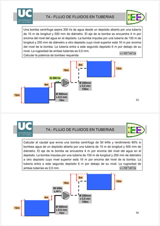 33
T4.- FLUJO DE FLUIDOS EN TUBERIAS
Una bomba centrífuga aspira 300 l/s de agua desde un depósito abierto por una tubería
de 10 m de longitud y 500 mm de diámetro. El eje de la bomba se encuentra 4 m por
encima del nivel del agua en el depósito. La bomba impulsa por una tubería de 150 m de
longitud y 250 mm de diámetro a otro depósito cuyo nivel superior está 16 m por encima
del nivel de la bomba. La tubería entra a este segundo depósito 6 m por debajo de su
nivel. La rugosidad de ambas tuberías es 0,5 mm.
Calcular la potencia de bombeo requerida
16m
6m
4m
12m
12m
Ø 250mm
ε 0,5 mm
150m
Ø 500mm
ε 0,5 mm
10m
Q 300 l/s
s/m10 26−
=ν
34
T4.- FLUJO DE FLUIDOS EN TUBERIAS
Calcular el caudal que envía una bomba centrífuga de 50 kWe y rendimiento 80% si
bombea agua de un depósito abierto por una tubería de 10 m de longitud y 500 mm de
diámetro. El eje de la bomba se encuentra 4 m por encima del nivel del agua en el
depósito. La bomba impulsa por una tubería de 150 m de longitud y 250 mm de diámetro
a otro depósito cuyo nivel superior está 16 m por encima del nivel de la bomba. La
tubería entra a este segundo depósito 6 m por debajo de su nivel. La rugosidad de
ambas tuberías es 0,5 mm.
16m
6m
4m
12m
12m
Ø 250mm
ε 0,5 mm
150m
Ø 500mm
ε 0,5 mm
10m
50 kWe
η 80%
s/m10 26−
=ν
 