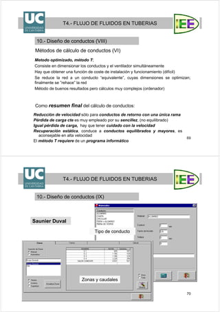69
T4.- FLUJO DE FLUIDOS EN TUBERIAS
10.- Diseño de conductos (VIII)
Métodos de cálculo de conductos (VI)
Metodo optimizado, método T;
Consiste en dimensionar los conductos y el ventilador simultáneamente
Hay que obtener una función de coste de instalación y funcionamiento (difícil)
Se reduce la red a un conducto “equivalente”, cuyas dimensiones se optimizan;
finalmente se ”rehace” la red
Método de buenos resultados pero cálculos muy complejos (ordenador)
Reducción de velocidad sólo para conductos de retorno con una única rama
Pérdida de carga cte es muy empleado por su sencillez, (no equilibrado)
Igual pérdida de carga, hay que tener cuidado con la velocidad
Recuperación estática, conduce a conductos equilibrados y mayores, es
aconsejable en alta velocidad
El método T requiere de un programa informático
Como resumen final del cálculo de conductos:
70
T4.- FLUJO DE FLUIDOS EN TUBERIAS
10.- Diseño de conductos (IX)
Saunier Duval
Tipo de conducto
Zonas y caudales
 