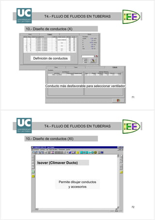 71
T4.- FLUJO DE FLUIDOS EN TUBERIAS
10.- Diseño de conductos (X)
Conducto más desfavorable para seleccionar ventilador
Definición de conductos
72
T4.- FLUJO DE FLUIDOS EN TUBERIAS
10.- Diseño de conductos (XI)
Permite dibujar conductos
y accesorios
Isover (Climaver Ducto)
 