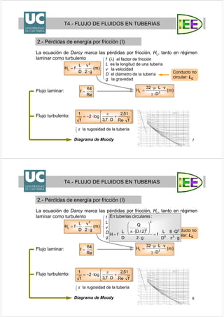 7
f (λ) el factor de fricción
L es la longitud de una tubería
v la velocidad
D el diámetro de la tubería
g la gravedad
La ecuación de Darcy marca las pérdidas por fricción, HL, tanto en régimen
laminar como turbulento
)m(
g2
v
D
L
fH
2
L
⋅
⋅⋅=
Flujo laminar:
Re
64
f = )m(
D
vL32
H 2L
⋅γ
⋅⋅μ⋅
=
⎥
⎦
⎤
⎢
⎣
⎡
⋅
+
⋅
ε
⋅−=
fRe
51,2
D7,3
log2
f
1
Flujo turbulento:
Diagrama de Moody
T4.- FLUJO DE FLUIDOS EN TUBERIAS
2.- Pérdidas de energía por fricción (I)
ε la rugosidad de la tubería
Conducto no
circular: LC
8
f (λ) el factor de fricción
L es la longitud de una tubería
v la velocidad
D el diámetro de la tubería
g la gravedad
La ecuación de Darcy marca las pérdidas por fricción, HL, tanto en régimen
laminar como turbulento
)m(
g2
v
D
L
fH
2
L
⋅
⋅⋅=
Flujo laminar:
Re
64
f = )m(
D
vL32
H 2L
⋅γ
⋅⋅μ⋅
=
⎥
⎦
⎤
⎢
⎣
⎡
⋅
+
⋅
ε
⋅−=
fRe
51,2
D7,3
log2
f
1
Flujo turbulento:
Diagrama de Moody
T4.- FLUJO DE FLUIDOS EN TUBERIAS
2.- Pérdidas de energía por fricción (I)
ε la rugosidad de la tubería
Conducto no
circular: LC
( )
g
Q8
D
L
f
g2
2/D
Q
D
L
fH
:circularestuberiasEn
2
2
5
2
2
⋅π
⋅
⋅⋅=
⋅
⎟
⎟
⎠
⎞
⎜
⎜
⎝
⎛
⋅π
⋅⋅=
 
