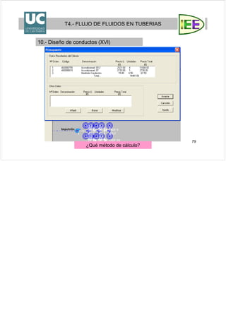 79
T4.- FLUJO DE FLUIDOS EN TUBERIAS
10.- Diseño de conductos (XVI)
¿Qué método de cálculo?
 