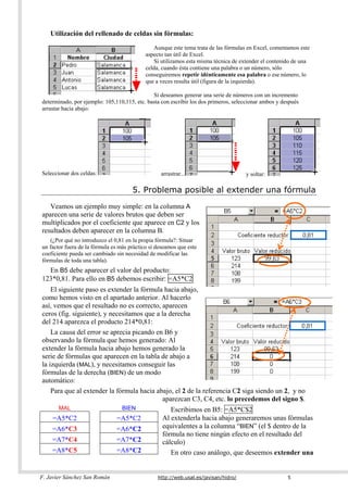 Utilización del rellenado de celdas sin fórmulas:
                                                Aunque este tema trata de las fórmulas en Excel, comentamos este
                                            aspecto tan útil de Excel.
                                                Si utilizamos esta misma técnica de extender el contenido de una
                                            celda, cuando ésta contiene una palabra o un número, sólo
                                            conseguiremos repetir idénticamente esa palabra o ese número, lo
                                            que a veces resulta útil (figura de la izquierda).

                                              Si deseamos generar una serie de números con un incremento
determinado, por ejemplo: 105,110,115, etc. basta con escribir los dos primeros, seleccionar ambos y después
arrastar hacia abajo:




Seleccionar dos celdas:                           arrastrar...                       y soltar:

                                      5. Problema posible al extender una fórmula
   Veamos un ejemplo muy simple: en la columna A
aparecen una serie de valores brutos que deben ser
multiplicados por el coeficiente que aparece en C2 y los
resultados deben aparecer en la columna B.
    (¿Por qué no introduzco el 0,81 en la propia fórmula?: Situar
un factor fuera de la fórmula es más práctico si deseamos que este
coeficiente pueda ser cambiado sin necesidad de modificar las
fórmulas de toda una tabla).
  En B5 debe aparecer el valor del producto:
123*0,81. Para ello en B5 debemos escribir: =A5*C2
    El siguiente paso es extender la fórmula hacia abajo,
como hemos visto en el apartado anterior. Al hacerlo
así, vemos que el resultado no es correcto, aparecen
ceros (fig. siguiente), y necesitamos que a la derecha
del 214 aparezca el producto 214*0,81:
    La causa del error se aprecia picando en B6 y
observando la fórmula que hemos generado: Al
extender la fórmula hacia abajo hemos generado la
serie de fórmulas que aparecen en la tabla de abajo a
la izquierda (MAL), y necesitamos conseguir las
fórmulas de la derecha (BIEN) de un modo
automático:
    Para que al extender la fórmula hacia abajo, el 2 de la referencia C2 siga siendo un 2, y no
                                            aparezcan C3, C4, etc. lo precedemos del signo $.
       MAL                        BIEN                Escribimos en B5: =A5*C$2
    =A5*C2                     =A5*C2              Al extenderla hacia abajo generaremos unas fórmulas
    =A6*C3                     =A6*C2              equivalentes a la columna “BIEN” (el $ dentro de la
                                                   fórmula no tiene ningún efecto en el resultado del
    =A7*C4                     =A7*C2              cálculo)
    =A8*C5                     =A8*C2                 En otro caso análogo, que deseemos extender una


F. Javier Sánchez San Román                      http://web.usal.es/javisan/hidro/                     5
 