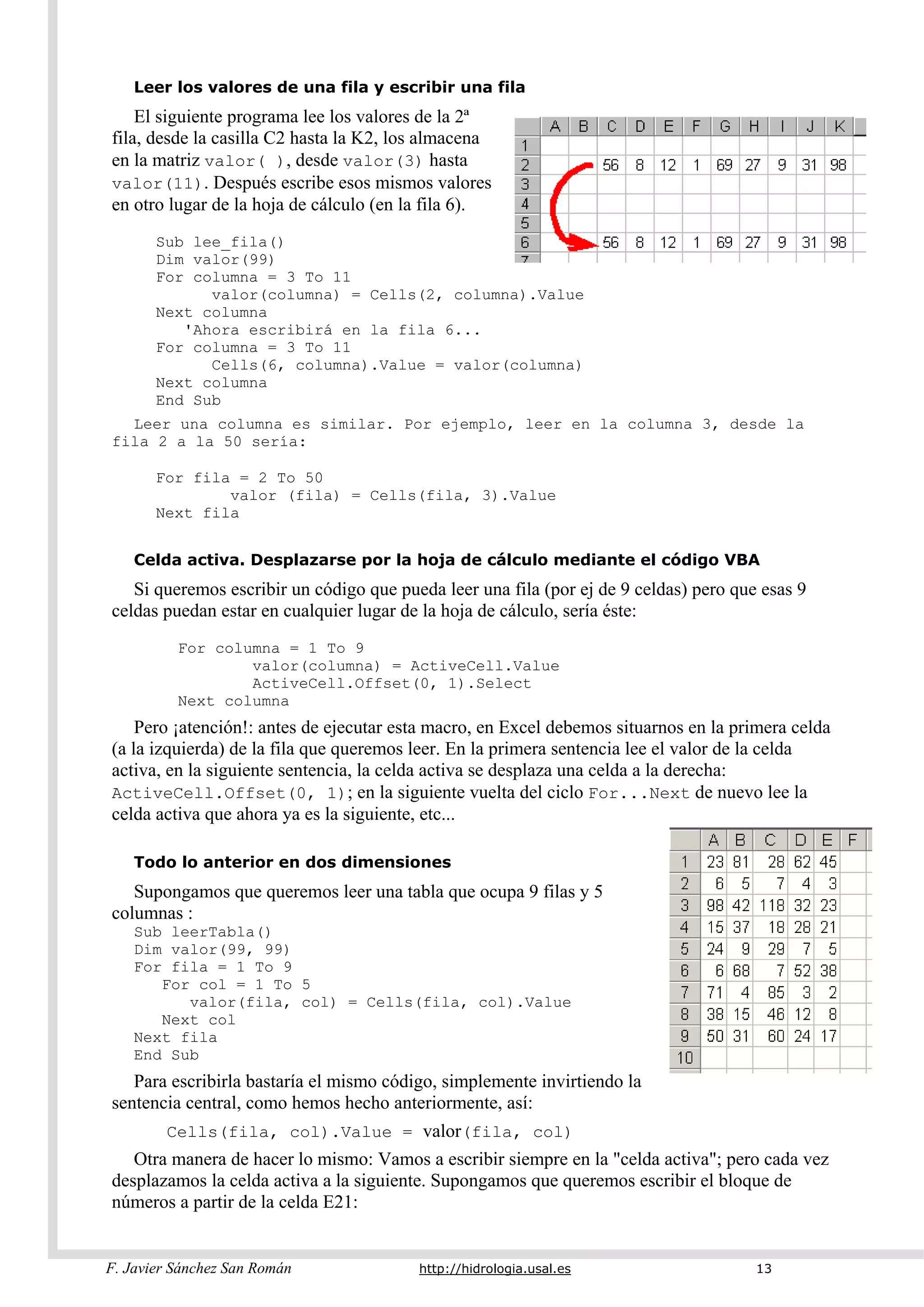 F. Javier Sánchez San Román http://hidrologia.usal.es 13
Leer los valores de una fila y escribir una fila
El siguiente programa lee los valores de la 2ª
fila, desde la casilla C2 hasta la K2, los almacena
en la matriz valor( ), desde valor(3) hasta
valor(11). Después escribe esos mismos valores
en otro lugar de la hoja de cálculo (en la fila 6).
Sub lee_fila()
Dim valor(99)
For columna = 3 To 11
valor(columna) = Cells(2, columna).Value
Next columna
'Ahora escribirá en la fila 6...
For columna = 3 To 11
Cells(6, columna).Value = valor(columna)
Next columna
End Sub
Leer una columna es similar. Por ejemplo, leer en la columna 3, desde la
fila 2 a la 50 sería:
For fila = 2 To 50
valor (fila) = Cells(fila, 3).Value
Next fila
Celda activa. Desplazarse por la hoja de cálculo mediante el código VBA
Si queremos escribir un código que pueda leer una fila (por ej de 9 celdas) pero que esas 9
celdas puedan estar en cualquier lugar de la hoja de cálculo, sería éste:
For columna = 1 To 9
valor(columna) = ActiveCell.Value
ActiveCell.Offset(0, 1).Select
Next columna
Pero ¡atención!: antes de ejecutar esta macro, en Excel debemos situarnos en la primera celda
(a la izquierda) de la fila que queremos leer. En la primera sentencia lee el valor de la celda
activa, en la siguiente sentencia, la celda activa se desplaza una celda a la derecha:
ActiveCell.Offset(0, 1); en la siguiente vuelta del ciclo For...Next de nuevo lee la
celda activa que ahora ya es la siguiente, etc...
Todo lo anterior en dos dimensiones
Supongamos que queremos leer una tabla que ocupa 9 filas y 5
columnas :
Sub leerTabla()
Dim valor(99, 99)
For fila = 1 To 9
For col = 1 To 5
valor(fila, col) = Cells(fila, col).Value
Next col
Next fila
End Sub
Para escribirla bastaría el mismo código, simplemente invirtiendo la
sentencia central, como hemos hecho anteriormente, así:
Cells(fila, col).Value = valor(fila, col)
Otra manera de hacer lo mismo: Vamos a escribir siempre en la "celda activa"; pero cada vez
desplazamos la celda activa a la siguiente. Supongamos que queremos escribir el bloque de
números a partir de la celda E21:
 