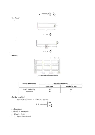 0
0
/ 2
minimum
/ 2
eff
l w
l
l d
ì +
ï
ï
= í
ï +
ï
î
Cantilever

0
2
eff
d
l l
= +

0
2
eff
w
l l
æ ö
÷
ç
= + ÷
ç ÷
ç ÷
è ø
Frames
leff = Centre to centre distance
Support Condition Span/overall depth
Mild Steel Fe 415/Fe 500
Simply supported
Continuous
35
40
28
32
Slenderness limit
 For simply supported or continuous beams
2
0
60
/ minimum
250
b
l b
d
ì
ï
ï
ï
ï
> í
ï
ï
ï
ï
î
l0 = Clear span
b = Width of the section
d = Effective depth
 For cantilever beam
 