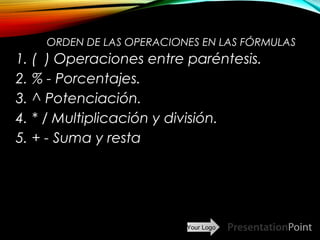 Your Logo
ORDEN DE LAS OPERACIONES EN LAS FÓRMULAS
1. ( ) Operaciones entre paréntesis.
2. % - Porcentajes.
3. ^ Potenciación.
4. * / Multiplicación y división.
5. + - Suma y resta
Here comes your footer  Page 10
 