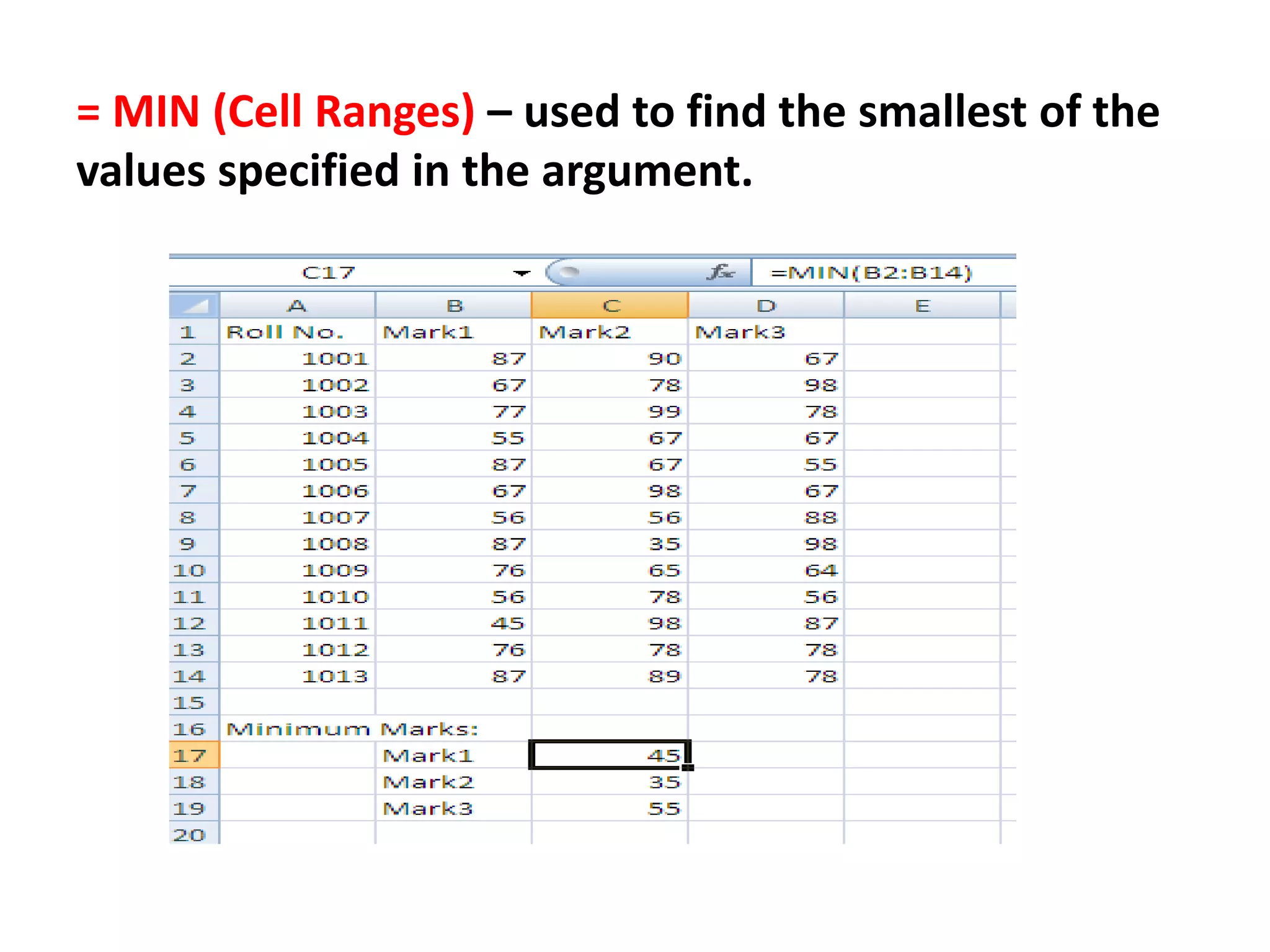 = MIN (Cell Ranges) – used to find the smallest of the
values specified in the argument.
 