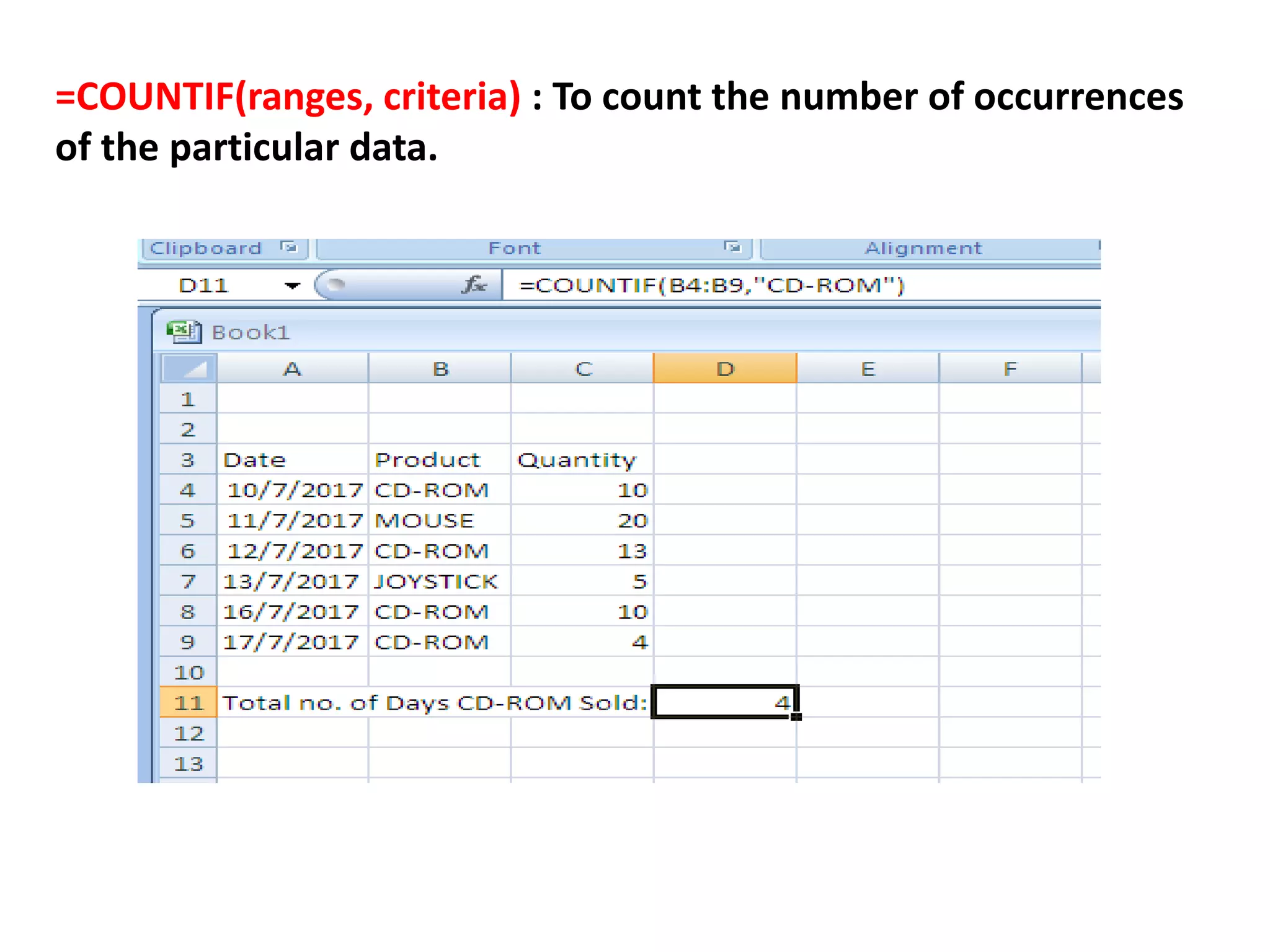 =COUNTIF(ranges, criteria) : To count the number of occurrences
of the particular data.
 
