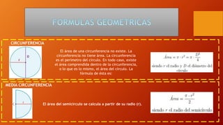CIRCUNFERENCIA
El área de una circunferencia no existe. La
circunferencia no tiene área. La circunferencia
es el perímetro del círculo. En todo caso, existe
el área comprendida dentro de la circunferencia,
o lo que es lo mismo, el área del círculo. La
fórmula de ésta es:
MEDIA CIRCUNFERENCIA
El área del semicírculo se calcula a partir de su radio (r).
 