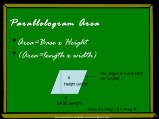 Parallelogram Area Area=Base x Height (Area=length x width) Free powerpoint template: www.brainybetty.com BASE (length) Height (width) 8 5 Base 8 x Height 5 = Area 40 The diagonal line is NOT the height!!! 