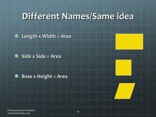 Different Names/Same idea Length x Width = Area Side x Side = Area Base x Height = Area Free powerpoint template: www.brainybetty.com 
