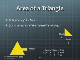 Area of a Triangle ½ Base x Height = Area (It ’ s ½ because ½ of the  “ square ”  is missing) Free powerpoint template: www.brainybetty.com Base Height Height Base 8 5 ½ Base x Height = Area ½ (8)  x  5  = Area 4  x  5  =  20 