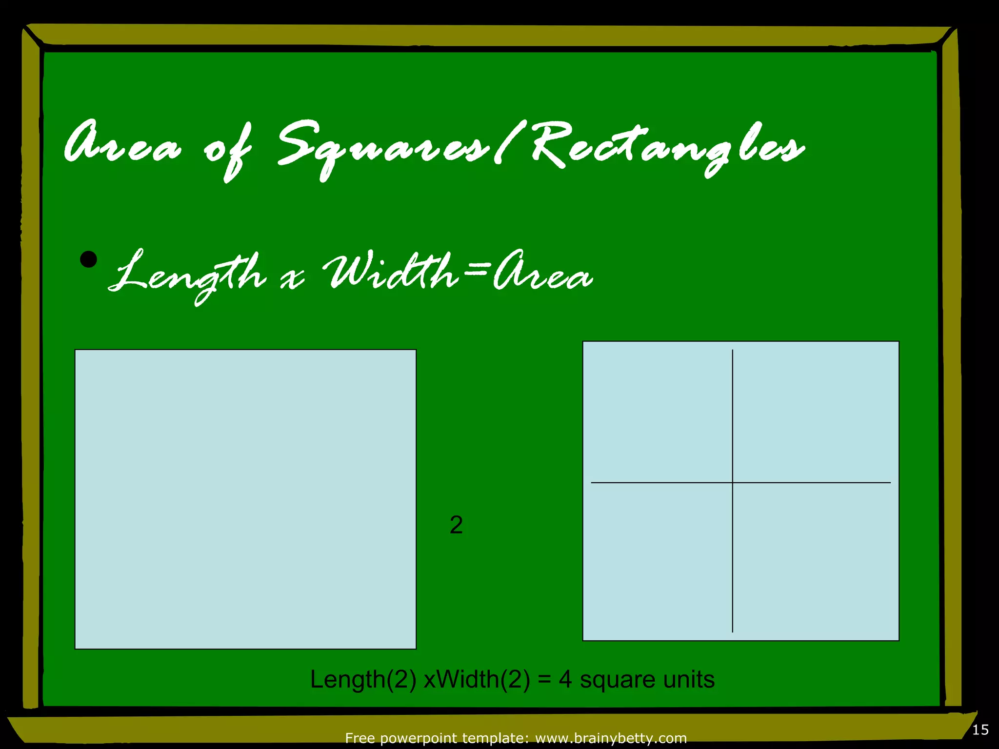 Area of Squares/Rectangles
•Length x Width=Area



                         2




         Length(2) xWidth(2) = 4 square units
                                                            15
            Free powerpoint template: www.brainybetty.com
 