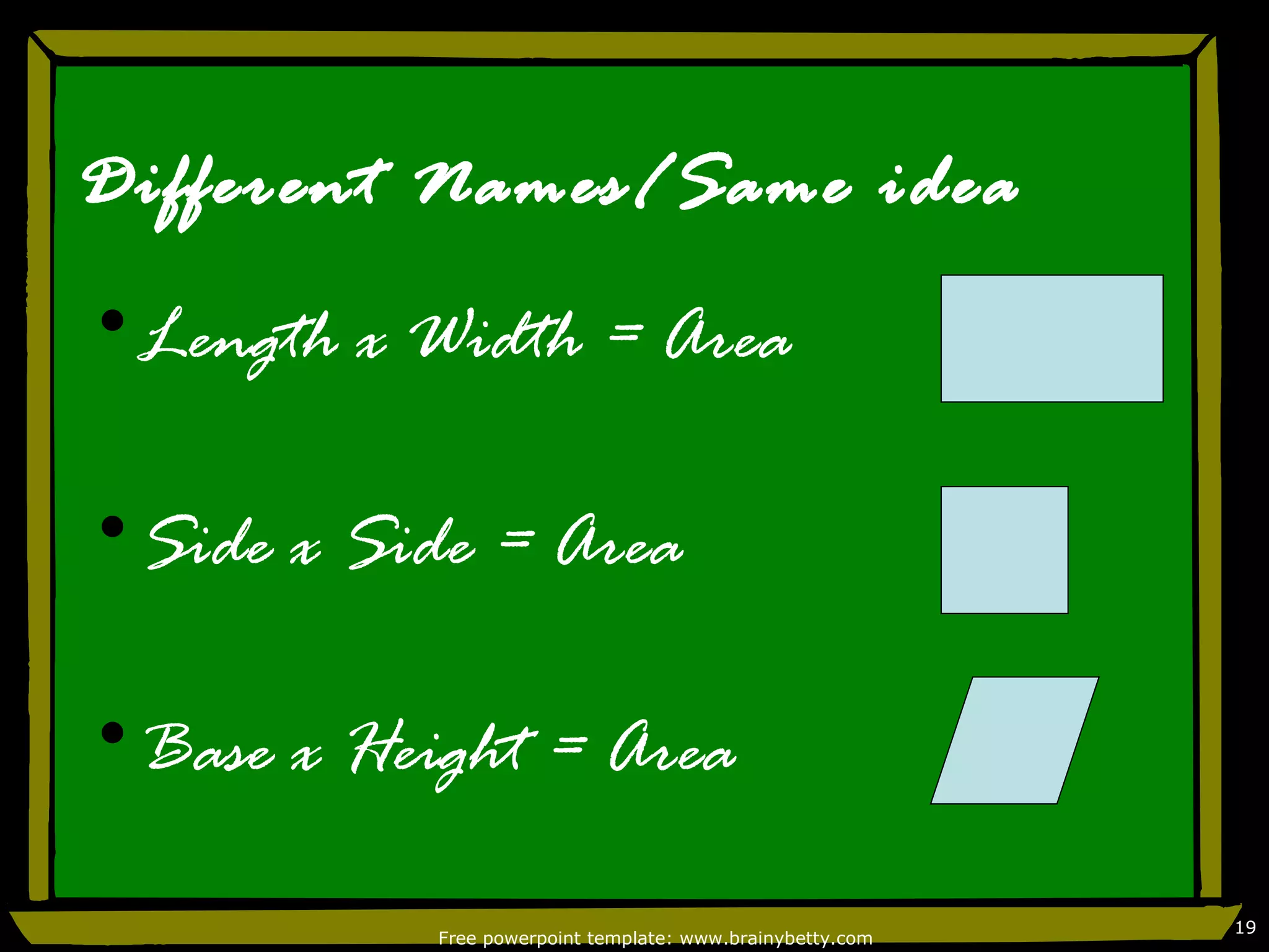 Different Names/Same idea
•Length x Width = Area

•Side x Side = Area

•Base x Height = Area

                                                           19
           Free powerpoint template: www.brainybetty.com
 