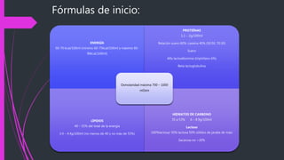 Fórmulas de inicio:
ENERGÍA
60-70 kcal/100ml (mínimo 60-75kcal/100ml y máximo 60-
90kcal/100ml)
PROTEÍNAS
1.1 – 2g/100ml
Relación suero 60%: caseína 40% (50:50, 70:30)
Suero
Alfa lactoalbúmina (triptófano 6%)
Beta lactoglobulina
LÍPIDOS
40 – 55% del total de la energía
3.4 – 4.4g/100ml (no menos de 40 y no más de 55%)
HIDRATOS DE CARBONO
35 a 53% 6 – 8.9g/100ml
Lactosa
100%lactosa/ 50% lactosa 50% sólidos de jarabe de maíz
Sacarosa no >20%
Osmolaridad máxima 700 – 1000
mOsm
 