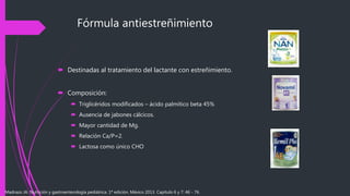 Fórmula antiestreñimiento
 Destinadas al tratamiento del lactante con estreñimiento.
 Composición:
 Triglicéridos modificados – ácido palmítico beta 45%
 Ausencia de jabones cálcicos.
 Mayor cantidad de Mg.
 Relación Ca/P=2.
 Lactosa como único CHO
Madrazo JA. Nutrición y gastroenterología pediátrica. 1ª edición. México 2013. Capítulo 6 y 7: 46 - 76.
 