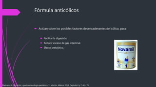 Fórmula anticólicos
 Actúan sobre los posibles factores desencadenantes del cólico, para:
 Facilitar la digestión.
 Reducir exceso de gas intestinal.
 Efecto prebiótico.
Madrazo JA. Nutrición y gastroenterología pediátrica. 1ª edición. México 2013. Capítulo 6 y 7: 46 - 76.
 