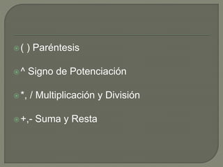 ( ) Paréntesis
^ Signo de Potenciación
*, / Multiplicación y División
+,- Suma y Resta
 