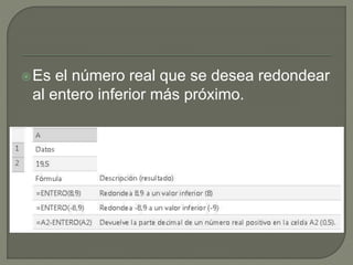 Es el número real que se desea redondear
al entero inferior más próximo.
 