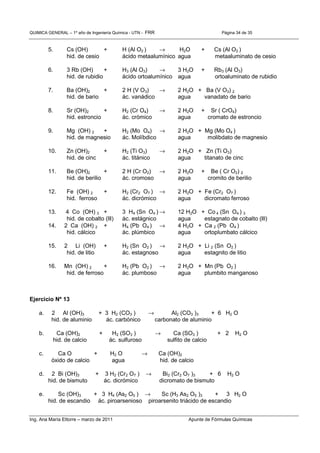 QUIMICA GENERAL – 1º año de Ingeniería Química - UTN - FRR Página 34 de 35
Ing. Ana María Ettorre – marzo de 2011 Apunte de Fórmulas Químicas
5. Cs (OH) + H (Al O2 ) → H2O + Cs (Al O2 )
hid. de cesio ácido metaalumínico agua metaaluminato de cesio
6. 3 Rb (OH) + H3 (Al O3) → 3 H2O + Rb3 (Al O3)
hid. de rubidio ácido ortoalumínico agua ortoaluminato de rubidio
7. Ba (OH)2 + 2 H (V O3) → 2 H2O + Ba (V O3) 2
hid. de bario ác. vanádico agua vanadato de bario
8. Sr (OH)2 + H2 (Cr O4) → 2 H2O + Sr ( CrO4)
hid. estroncio ác. crómico agua cromato de estroncio
9. Mg (OH) 2 + H2 (Mo O4) → 2 H2O + Mg (Mo O4 )
hid. de magnesio ác. Molíbdico agua molibdato de magnesio
10. Zn (OH)2 + H2 (Ti O3) → 2 H2O + Zn (Ti O3)
hid. de cinc ác. titánico agua titanato de cinc
11. Be (OH)2 + 2 H (Cr O2) → 2 H2O + Be ( Cr O2) 2
hid. de berilio ác. cromoso agua cromito de berilio
12. Fe (OH) 2 + H2 (Cr2 O7 ) → 2 H2O + Fe (Cr2 O7 )
hid. ferroso ác. dicrómico agua dicromato ferroso
13. 4 Co (OH) 3 + 3 H4 (Sn O4 ) → 12 H2O + Co 4 (Sn O4 ) 3
hid. de cobalto (lll) ác. estágnico agua estagnato de cobalto (lll)
14. 2 Ca (OH) 2 + H4 (Pb O4 ) → 4 H2O + Ca 2 (Pb O4 )
hid. cálcico ác. plúmbico agua ortoplumbato cálcico
15. 2 Li (OH) + H2 (Sn O2 ) → 2 H2O + Li 2 (Sn O2 )
hid. de litio ác. estagnoso agua estagnito de litio
16. Mn (OH) 2 + H2 (Pb O2 ) → 2 H2O + Mn (Pb O2 )
hid. de ferroso ác. plumboso agua plumbito manganoso
Ejercicio Nº 13
a. 2 Al (OH)3 + 3 H2 (CO3 ) → Al2 (CO3 )3 + 6 H2 O
hid. de aluminio ác. carbónico carbonato de aluminio
b. Ca (OH)2 + H2 (SO3 ) → Ca (SO3 ) + 2 H2 O
hid. de calcio ác. sulfuroso sulfito de calcio
c. Ca O + H2 O → Ca (OH)2
óxido de calcio agua hid. de calcio
d. 2 Bi (OH)3 + 3 H2 (Cr2 O7 ) → Bi2 (Cr2 O7 )3 + 6 H2 O
hid. de bismuto ác. dicrómico dicromato de bismuto
e. Sc (OH)3 + 3 H4 (As2 O5 ) → Sc (H3 As2 O5 )3 + 3 H2 O
hid. de escandio ác. piroarsenioso piroarsenito triácido de escandio
 