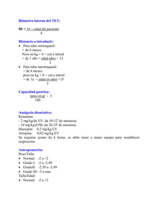 Diámetro interno del TET:

DI = 16 + edad del paciente
              4

Distancia a introducir:
 Para tubo orotraqueal:
  < de 6 meses:
  Peso en kg + 6 = cm a introd
  > de 1 año = edad años + 12
                     2
 Para tubo nasotraqueal:
   < de 6 meses:
   peso en kg + 8 = cm a introd
   > de 1a. = edad en años +15
                   2

Capacidad gastrica:
       peso en gr - 3
          100


Analgesia disociativa:
Ketamina:
- 2 mg/kg/do EV, da 10-12' de anestesia
- 10 mg/kg/d IM, da 20-25' de anestesia
Diazepan: 0,2 mg/kg EV
Atropina: 0,02 mg/kg EV
Se requiere ayuno de 6 horas, se debe tener a mano equipo para restablecer
respiración.

Antropometria:
Peso/Talla:
 Normal: -2 a +2
 Grado I: -2 a -2.49
 GradoII: -2.50 a -2.99
 Grado III: -3 a mas
Talla/Edad:
 Normal: -2 a +2
 