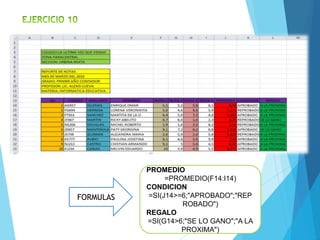 FORMULAS 
PROMEDIO 
=PROMEDIO(F14:I14) 
CONDICION 
=SI(J14>=6;"APROBADO";"REP 
ROBADO") 
REGALO 
=SI(G14>6;"SE LO GANO";"A LA 
PROXIMA") 

