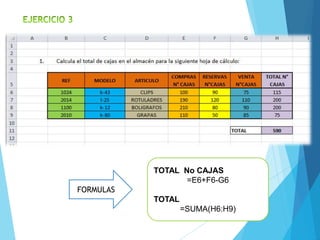 FORMULAS 
TOTAL No CAJAS 
=E6+F6-G6 
TOTAL 
=SUMA(H6:H9) 
 
