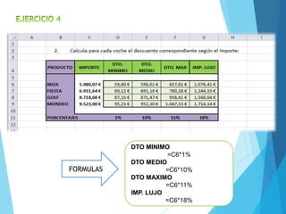 FORMULAS 
DTO MINIMO 
=C6*1% 
DTO MEDIO 
=C6*10% 
DTO MAXIMO 
=C6*11% 
IMP. LUJO 
=C6*18% 
 
