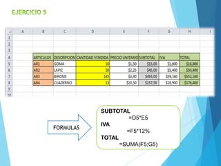 FORMULAS 
SUBTOTAL 
=D5*E5 
IVA 
=F5*12% 
TOTAL 
=SUMA(F5;G5) 
 