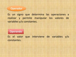Operador
Es un signo que determina las operaciones a
realizar y permite manipular los valores de
variables y/o constantes.
Operando
Es el valor que interviene de variables y/o
constantes.
 