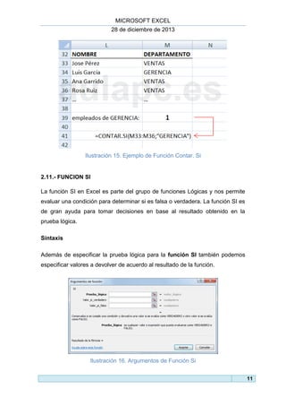 MICROSOFT EXCEL
28 de diciembre de 2013

Ilustración 15. Ejemplo de Función Contar. Si

2.11.- FUNCION SI
La función SI en Excel es parte del grupo de funciones Lógicas y nos permite
evaluar una condición para determinar si es falsa o verdadera. La función SI es
de gran ayuda para tomar decisiones en base al resultado obtenido en la
prueba lógica.
Sintaxis
Además de especificar la prueba lógica para la función SI también podemos
especificar valores a devolver de acuerdo al resultado de la función.

Ilustración 16. Argumentos de Función Si
11

 
