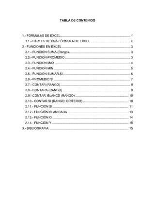 TABLA DE CONTENIDO

1.- FÓRMULAS DE EXCEL................................................................................ 1
1.1.- PARTES DE UNA FÓRMULA DE EXCEL.............................................. 2
2.- FUNCIONES EN EXCEL .............................................................................. 3
2.1.- FUNCION SUMA (Rango) ...................................................................... 3
2.2.- FUNCION PROMEDIO ........................................................................... 3
2.3.- FUNCION MAX ...................................................................................... 4
2.4.- FUNCION MIN ........................................................................................ 5
2.5.- FUNCION SUMAR.SI ............................................................................. 6
2.6.- PROMEDIO.SI ........................................................................................ 7
2.7.- CONTAR (RANGO) ................................................................................ 9
2.8.- CONTARA (RANGO).............................................................................. 9
2.9.- CONTAR. BLANCO (RANGO) ............................................................. 10
2.10.- CONTAR.SI (RANGO; CRITERIO)..................................................... 10
2.11.- FUNCION SI ....................................................................................... 11
2.12.- FUNCIÓN SI ANIDADA ...................................................................... 13
2.13.- FUNCIÓN O ....................................................................................... 14
2.14.- FUNCIÓN Y ........................................................................................ 15
3.- BIBLIOGRAFIA: .......................................................................................... 15

 