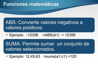 Funciones matemáticas
ABS: Convierte valores negativos a
valores positivos.
• Ejemplo: -12356 =ABS(A1) = 12356
SUMA: Permite sumar un conjunto de
valores seleccionados.
• Ejemplo: 12,45,63 =suma(a1:c1) =120
 