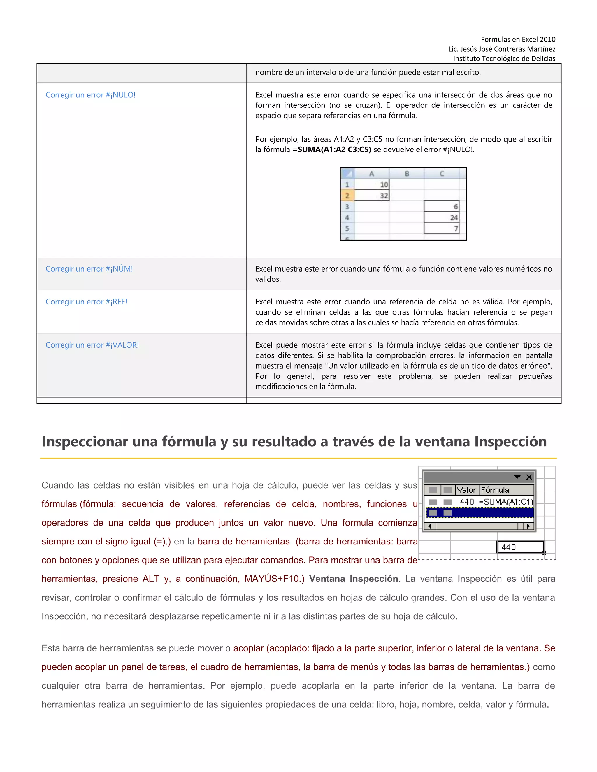 Formulas en Excel 2010
Lic. Jesús José Contreras Martínez
Instituto Tecnológico de Delicias
nombre de un intervalo o de una función puede estar mal escrito.
Corregir un error #¡NULO! Excel muestra este error cuando se especifica una intersección de dos áreas que no
forman intersección (no se cruzan). El operador de intersección es un carácter de
espacio que separa referencias en una fórmula.
Por ejemplo, las áreas A1:A2 y C3:C5 no forman intersección, de modo que al escribir
la fórmula =SUMA(A1:A2 C3:C5) se devuelve el error #¡NULO!.
Corregir un error #¡NÚM! Excel muestra este error cuando una fórmula o función contiene valores numéricos no
válidos.
Corregir un error #¡REF! Excel muestra este error cuando una referencia de celda no es válida. Por ejemplo,
cuando se eliminan celdas a las que otras fórmulas hacían referencia o se pegan
celdas movidas sobre otras a las cuales se hacía referencia en otras fórmulas.
Corregir un error #¡VALOR! Excel puede mostrar este error si la fórmula incluye celdas que contienen tipos de
datos diferentes. Si se habilita la comprobación errores, la información en pantalla
muestra el mensaje "Un valor utilizado en la fórmula es de un tipo de datos erróneo".
Por lo general, para resolver este problema, se pueden realizar pequeñas
modificaciones en la fórmula.
Inspeccionar una fórmula y su resultado a través de la ventana Inspección
Cuando las celdas no están visibles en una hoja de cálculo, puede ver las celdas y sus
fórmulas (fórmula: secuencia de valores, referencias de celda, nombres, funciones u
operadores de una celda que producen juntos un valor nuevo. Una formula comienza
siempre con el signo igual (=).) en la barra de herramientas (barra de herramientas: barra
con botones y opciones que se utilizan para ejecutar comandos. Para mostrar una barra de
herramientas, presione ALT y, a continuación, MAYÚS+F10.) Ventana Inspección. La ventana Inspección es útil para
revisar, controlar o confirmar el cálculo de fórmulas y los resultados en hojas de cálculo grandes. Con el uso de la ventana
Inspección, no necesitará desplazarse repetidamente ni ir a las distintas partes de su hoja de cálculo.
Esta barra de herramientas se puede mover o acoplar (acoplado: fijado a la parte superior, inferior o lateral de la ventana. Se
pueden acoplar un panel de tareas, el cuadro de herramientas, la barra de menús y todas las barras de herramientas.) como
cualquier otra barra de herramientas. Por ejemplo, puede acoplarla en la parte inferior de la ventana. La barra de
herramientas realiza un seguimiento de las siguientes propiedades de una celda: libro, hoja, nombre, celda, valor y fórmula.
 