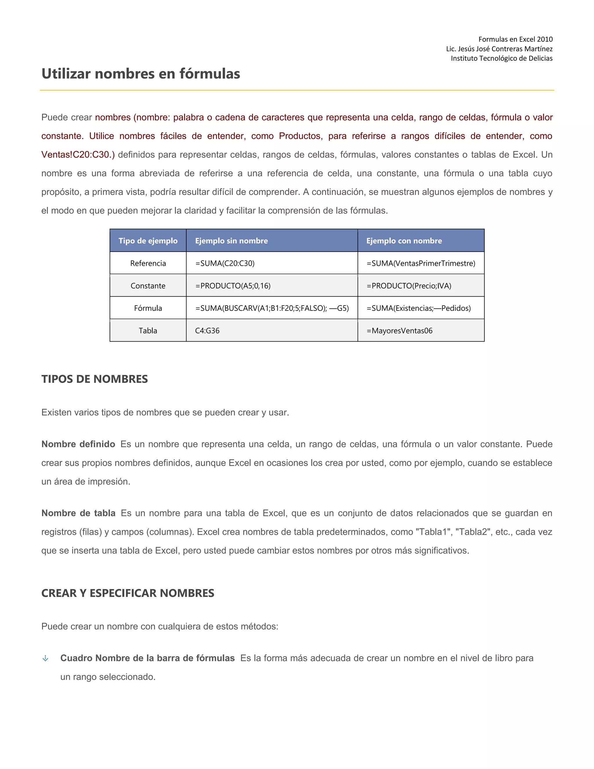 Formulas en Excel 2010
Lic. Jesús José Contreras Martínez
Instituto Tecnológico de Delicias
Utilizar nombres en fórmulas
Puede crear nombres (nombre: palabra o cadena de caracteres que representa una celda, rango de celdas, fórmula o valor
constante. Utilice nombres fáciles de entender, como Productos, para referirse a rangos difíciles de entender, como
Ventas!C20:C30.) definidos para representar celdas, rangos de celdas, fórmulas, valores constantes o tablas de Excel. Un
nombre es una forma abreviada de referirse a una referencia de celda, una constante, una fórmula o una tabla cuyo
propósito, a primera vista, podría resultar difícil de comprender. A continuación, se muestran algunos ejemplos de nombres y
el modo en que pueden mejorar la claridad y facilitar la comprensión de las fórmulas.
Tipo de ejemplo Ejemplo sin nombre Ejemplo con nombre
Referencia =SUMA(C20:C30) =SUMA(VentasPrimerTrimestre)
Constante =PRODUCTO(A5;0,16) =PRODUCTO(Precio;IVA)
Fórmula =SUMA(BUSCARV(A1;B1:F20;5;FALSO); —G5) =SUMA(Existencias;—Pedidos)
Tabla C4:G36 =MayoresVentas06
TIPOS DE NOMBRES
Existen varios tipos de nombres que se pueden crear y usar.
Nombre definido Es un nombre que representa una celda, un rango de celdas, una fórmula o un valor constante. Puede
crear sus propios nombres definidos, aunque Excel en ocasiones los crea por usted, como por ejemplo, cuando se establece
un área de impresión.
Nombre de tabla Es un nombre para una tabla de Excel, que es un conjunto de datos relacionados que se guardan en
registros (filas) y campos (columnas). Excel crea nombres de tabla predeterminados, como "Tabla1", "Tabla2", etc., cada vez
que se inserta una tabla de Excel, pero usted puede cambiar estos nombres por otros más significativos.
CREAR Y ESPECIFICAR NOMBRES
Puede crear un nombre con cualquiera de estos métodos:
Cuadro Nombre de la barra de fórmulas Es la forma más adecuada de crear un nombre en el nivel de libro para
un rango seleccionado.
 
