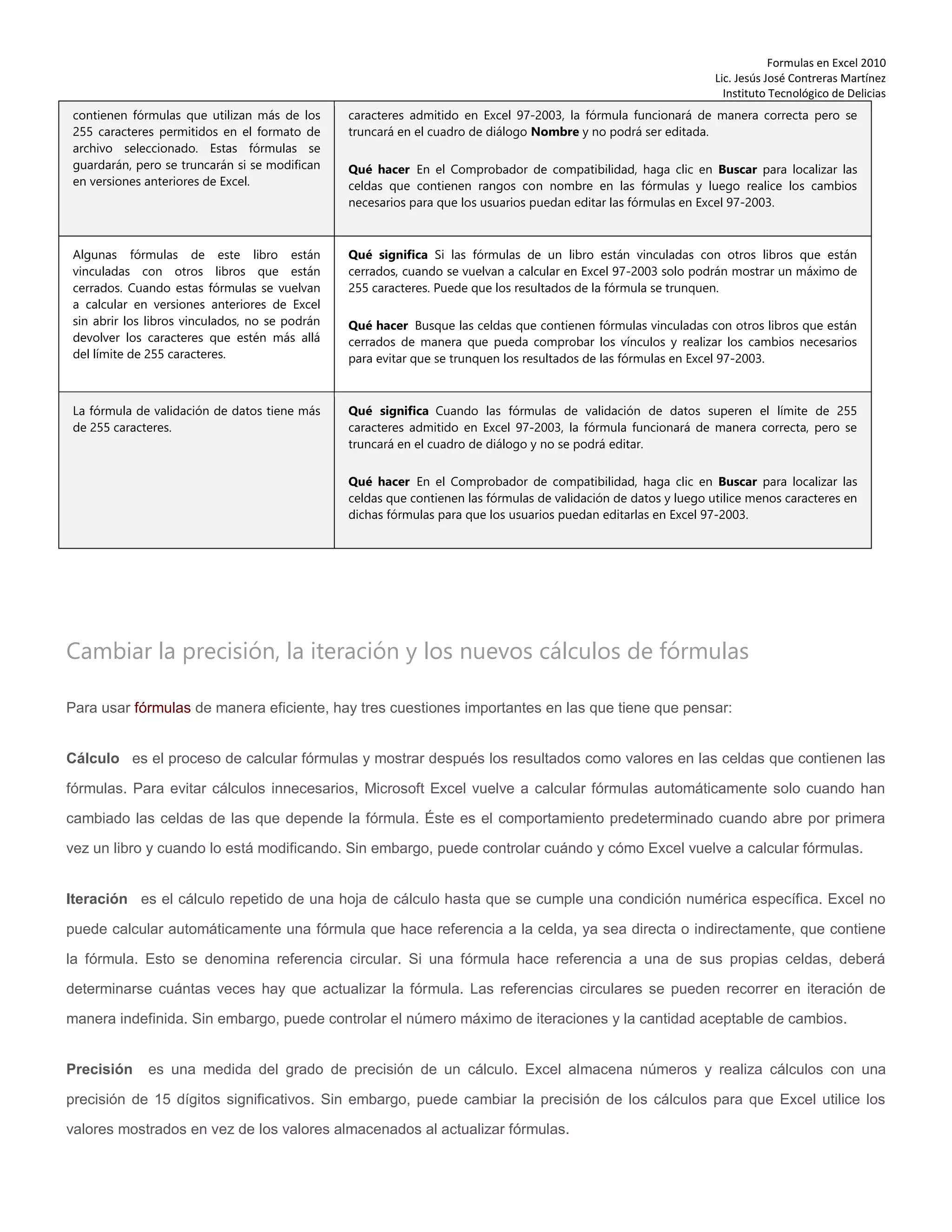 Formulas en Excel 2010
Lic. Jesús José Contreras Martínez
Instituto Tecnológico de Delicias
contienen fórmulas que utilizan más de los
255 caracteres permitidos en el formato de
archivo seleccionado. Estas fórmulas se
guardarán, pero se truncarán si se modifican
en versiones anteriores de Excel.
caracteres admitido en Excel 97-2003, la fórmula funcionará de manera correcta pero se
truncará en el cuadro de diálogo Nombre y no podrá ser editada.
Qué hacer En el Comprobador de compatibilidad, haga clic en Buscar para localizar las
celdas que contienen rangos con nombre en las fórmulas y luego realice los cambios
necesarios para que los usuarios puedan editar las fórmulas en Excel 97-2003.
Algunas fórmulas de este libro están
vinculadas con otros libros que están
cerrados. Cuando estas fórmulas se vuelvan
a calcular en versiones anteriores de Excel
sin abrir los libros vinculados, no se podrán
devolver los caracteres que estén más allá
del límite de 255 caracteres.
Qué significa Si las fórmulas de un libro están vinculadas con otros libros que están
cerrados, cuando se vuelvan a calcular en Excel 97-2003 solo podrán mostrar un máximo de
255 caracteres. Puede que los resultados de la fórmula se trunquen.
Qué hacer Busque las celdas que contienen fórmulas vinculadas con otros libros que están
cerrados de manera que pueda comprobar los vínculos y realizar los cambios necesarios
para evitar que se trunquen los resultados de las fórmulas en Excel 97-2003.
La fórmula de validación de datos tiene más
de 255 caracteres.
Qué significa Cuando las fórmulas de validación de datos superen el límite de 255
caracteres admitido en Excel 97-2003, la fórmula funcionará de manera correcta, pero se
truncará en el cuadro de diálogo y no se podrá editar.
Qué hacer En el Comprobador de compatibilidad, haga clic en Buscar para localizar las
celdas que contienen las fórmulas de validación de datos y luego utilice menos caracteres en
dichas fórmulas para que los usuarios puedan editarlas en Excel 97-2003.
Cambiar la precisión, la iteración y los nuevos cálculos de fórmulas
Para usar fórmulas de manera eficiente, hay tres cuestiones importantes en las que tiene que pensar:
Cálculo es el proceso de calcular fórmulas y mostrar después los resultados como valores en las celdas que contienen las
fórmulas. Para evitar cálculos innecesarios, Microsoft Excel vuelve a calcular fórmulas automáticamente solo cuando han
cambiado las celdas de las que depende la fórmula. Éste es el comportamiento predeterminado cuando abre por primera
vez un libro y cuando lo está modificando. Sin embargo, puede controlar cuándo y cómo Excel vuelve a calcular fórmulas.
Iteración es el cálculo repetido de una hoja de cálculo hasta que se cumple una condición numérica específica. Excel no
puede calcular automáticamente una fórmula que hace referencia a la celda, ya sea directa o indirectamente, que contiene
la fórmula. Esto se denomina referencia circular. Si una fórmula hace referencia a una de sus propias celdas, deberá
determinarse cuántas veces hay que actualizar la fórmula. Las referencias circulares se pueden recorrer en iteración de
manera indefinida. Sin embargo, puede controlar el número máximo de iteraciones y la cantidad aceptable de cambios.
Precisión es una medida del grado de precisión de un cálculo. Excel almacena números y realiza cálculos con una
precisión de 15 dígitos significativos. Sin embargo, puede cambiar la precisión de los cálculos para que Excel utilice los
valores mostrados en vez de los valores almacenados al actualizar fórmulas.
 