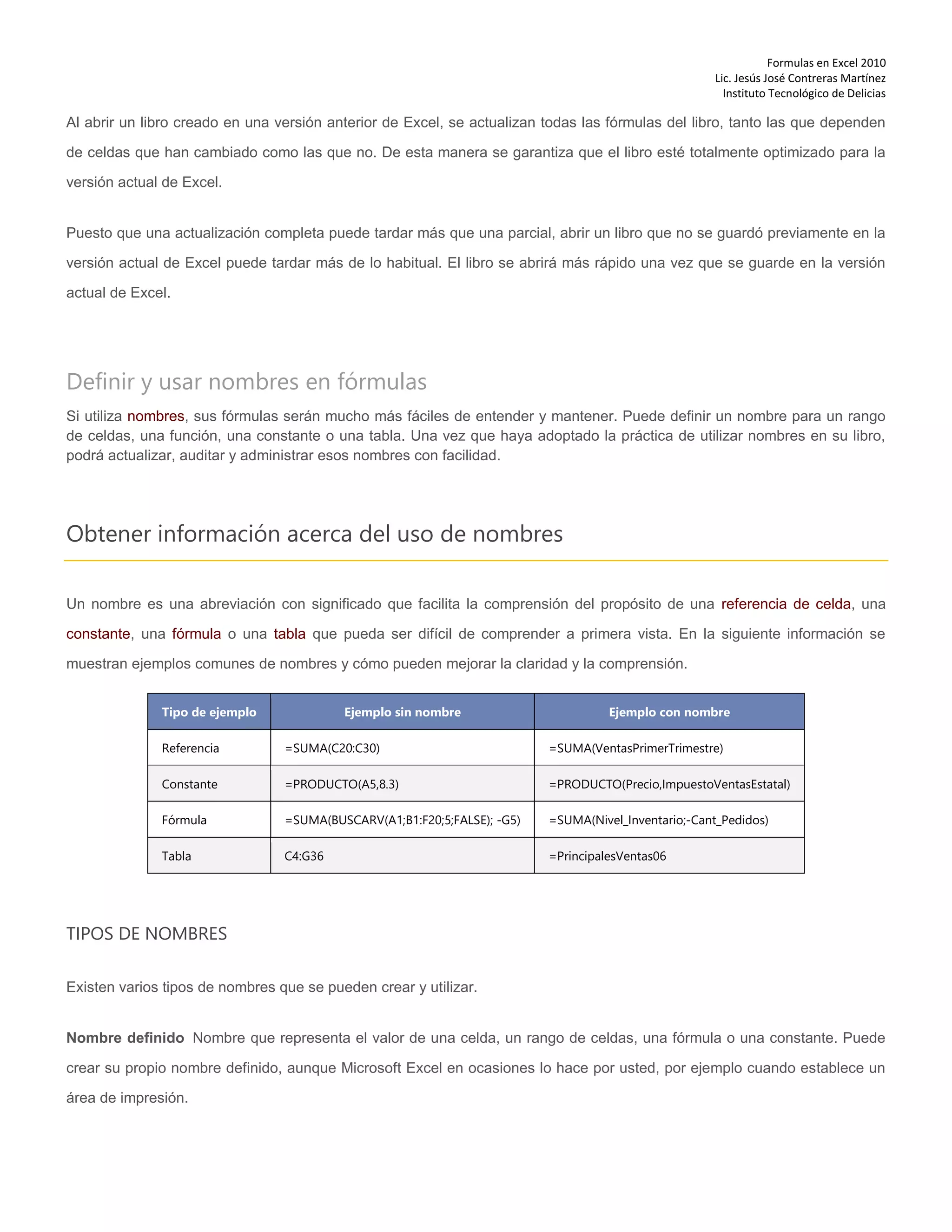 Formulas en Excel 2010
Lic. Jesús José Contreras Martínez
Instituto Tecnológico de Delicias
Al abrir un libro creado en una versión anterior de Excel, se actualizan todas las fórmulas del libro, tanto las que dependen
de celdas que han cambiado como las que no. De esta manera se garantiza que el libro esté totalmente optimizado para la
versión actual de Excel.
Puesto que una actualización completa puede tardar más que una parcial, abrir un libro que no se guardó previamente en la
versión actual de Excel puede tardar más de lo habitual. El libro se abrirá más rápido una vez que se guarde en la versión
actual de Excel.
Definir y usar nombres en fórmulas
Si utiliza nombres, sus fórmulas serán mucho más fáciles de entender y mantener. Puede definir un nombre para un rango
de celdas, una función, una constante o una tabla. Una vez que haya adoptado la práctica de utilizar nombres en su libro,
podrá actualizar, auditar y administrar esos nombres con facilidad.
Obtener información acerca del uso de nombres
Un nombre es una abreviación con significado que facilita la comprensión del propósito de una referencia de celda, una
constante, una fórmula o una tabla que pueda ser difícil de comprender a primera vista. En la siguiente información se
muestran ejemplos comunes de nombres y cómo pueden mejorar la claridad y la comprensión.
Tipo de ejemplo Ejemplo sin nombre Ejemplo con nombre
Referencia =SUMA(C20:C30) =SUMA(VentasPrimerTrimestre)
Constante =PRODUCTO(A5,8.3) =PRODUCTO(Precio,ImpuestoVentasEstatal)
Fórmula =SUMA(BUSCARV(A1;B1:F20;5;FALSE); -G5) =SUMA(Nivel_Inventario;-Cant_Pedidos)
Tabla C4:G36 =PrincipalesVentas06
TIPOS DE NOMBRES
Existen varios tipos de nombres que se pueden crear y utilizar.
Nombre definido Nombre que representa el valor de una celda, un rango de celdas, una fórmula o una constante. Puede
crear su propio nombre definido, aunque Microsoft Excel en ocasiones lo hace por usted, por ejemplo cuando establece un
área de impresión.
 