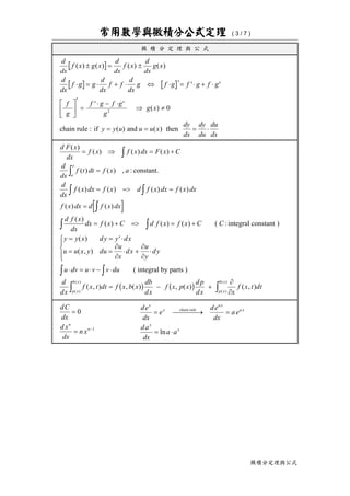 常用數學與微積分公式定理 ( 3 / 7 )
微積分定理與公式
微 積 分 定 理 與 公 式
d
dx
f x g x
d
dx
f x
d
dx
g x
d
dx
f g g
d
dx
f f
d
dx
g f g f g f g
f
g
f g f g
g
g x
y y u u u x
dy
dx
dy
du
du
dx
( ) ( ) ( ) ( )
( )
( ) ( )
± = ±
⋅ = ⋅ + ⋅ ⇔ ⋅ ′= ′⋅ + ⋅ ′
L
NM O
QP
′
=
′⋅ − ⋅ ′
⇒ ≠
= = = ⋅
2
0
chain rule : if and then
d F x
dx
f x f x dx F x C
d
dx
f t dt f x a
d
dx
f x dx f x d f x dx f x dx
f x dx d f x dx
d f x
dx
dx f x C d f x f x C C
y y x dy y dx
u u x y du
u
x
dx
u
y
dy
u dv u v v du
a
x
( )
( ) ( ) ( )
( ) ( ) , :
( ) ( ) ( ) ( )
( ) ( )
( )
( ) ( ) ( ) ( : )
( )
( , )
= ⇒ = +
=
= => =
=
= + => = +
= = ′⋅
= =
∂
∂
⋅ +
∂
∂
⋅
R
S|
T|
⋅ = ⋅ − ⋅
z
z
z z
z
zz
zz
constant.
integral constant
( integral by parts )
( ) ( )
d
dx
f x t dt f x b x
db
dx
f x p x
d p
dx x
f x t dt
p x
b x
p x
b x
( , ) , ( ) , ( ) ( , )
( ) ( )
z z= − +
∂
∂
b g b g
dC
dx
d x
dx
n x
n
n
=
= −
0
1
de
dx
e
de
dx
a e
da
dx
a a
x
x chain rule
a x
a x
x
x
= ⎯ →⎯⎯⎯ =
= ⋅ln
 