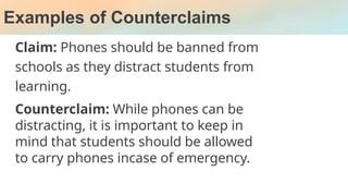 Examples of Counterclaims
Claim: Phones should be banned from
schools as they distract students from
learning.
Counterclaim: While phones can be
distracting, it is important to keep in
mind that students should be allowed
to carry phones incase of emergency.
 