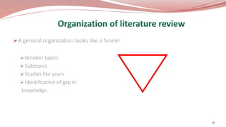 A general organization looks like a funnel
 Broader topics
 Subtopics
 Studies like yours
 Identification of gap in
knowledge.
33
 
