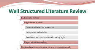 Focused and concise
Logical flow of ideas
Current and relevant references
Integrative and relative
Consistent and appropriate referencing style
Proper use of terminology
Unbiased and comprehensive view of previous research
 