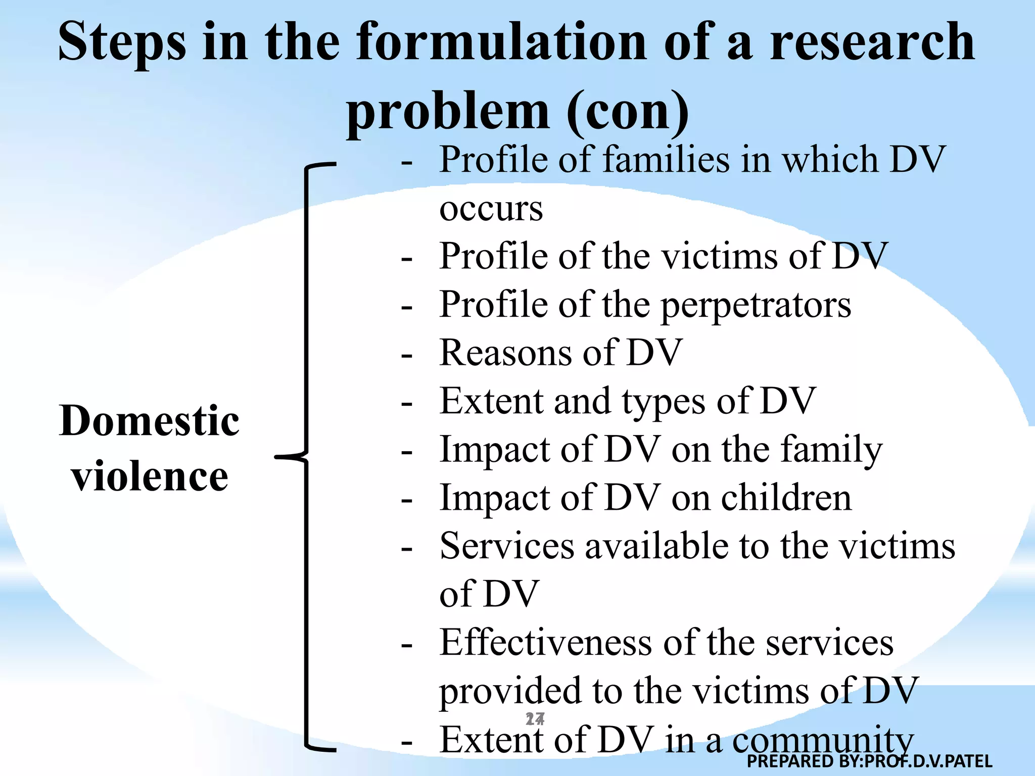 - Profile of families in which DV
occurs
- Profile of the victims of DV
- Profile of the perpetrators
- Reasons of DV
- Extent and types of DV
- Impact of DV on the family
- Impact of DV on children
- Services available to the victims
of DV
- Effectiveness of the services
provided to the victims of DV
Domestic
violence
14
- Extent of DV in a community
Steps in the formulation of a research
problem (con)
PREPARED BY:PROF.D.V.PATEL
27
 