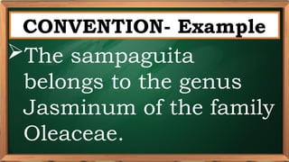 PRE-TEST
CONVENTION- Example
The sampaguita
belongs to the genus
Jasminum of the family
Oleaceae.
 