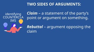 TWO SIDES OF ARGUMENTS:
Claim – a statement of the party’s
point or argument on something.
Rebuttal – argument opposing the
claim
identifying
COUNTERCLA
IMS
 