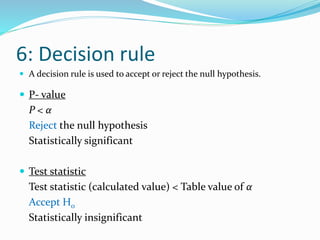 6: Decision rule
 A decision rule is used to accept or reject the null hypothesis.
 P- value
P < α
Reject the null hypothesis
Statistically significant
 Test statistic
Test statistic (calculated value) < Table value of α
Accept H0
Statistically insignificant
 