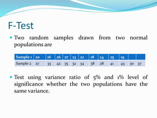 F-Test
 Two random samples drawn from two normal
populations are
 Test using variance ratio of 5% and 1% level of
significance whether the two populations have the
same variance.
Sample 1 20 16 26 27 23 22 18 24 25 19
Sample 2 27 33 42 35 32 34 38 28 41 43 30 37
 
